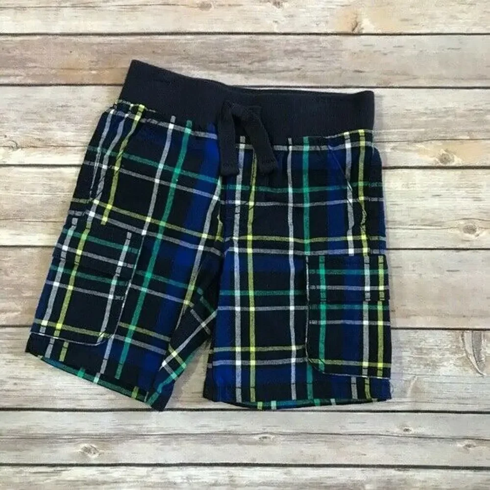 Gymboree Boys Shorts Sz 2T Deep Sea Adventure Pull On Cargo Plaid Blue Green NEW